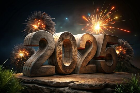 2025 3d text effect New Year's lights gold and dark red colors bake background with glowing