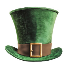 a green hat with a brown strap and a gold buckle
