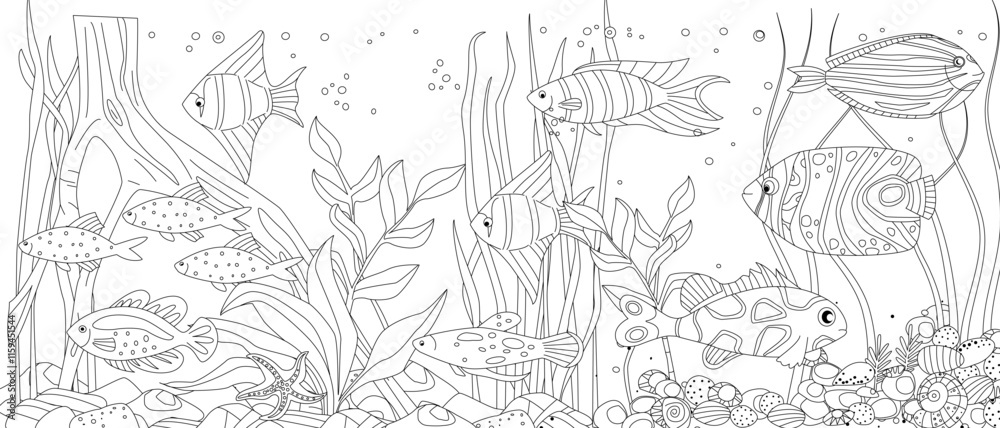 coloring book page for adults and children underwater landscape with ...