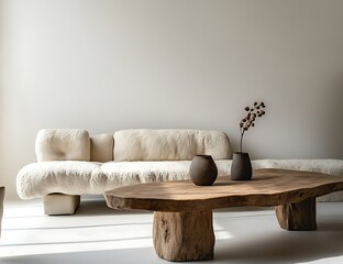 Fototapete - Minimalist Scandinavian interior with a neutral-colored sofa, a wooden coffee table, and an open space against a white backdrop, suited for product display or design concepts.