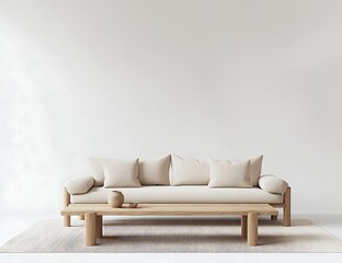 Fototapete - Minimalist Scandinavian interior with a neutral-colored sofa, a wooden coffee table, and an open space against a white backdrop, suited for product display or design concepts.