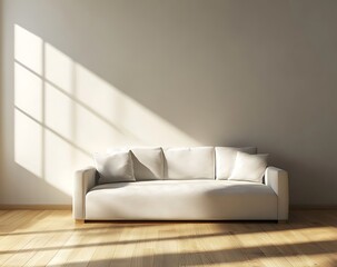 Fototapete - Minimalist Scandinavian living room in light gray tones, front view of a sofa against a plain wall, illuminated by natural light with delicate shadows on the wooden floor