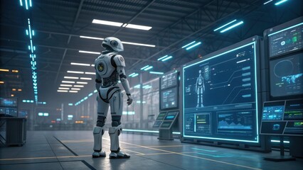 Aufkleber - Advanced humanoid robot analyzing data on a large, futuristic control panel in a high tech facility, highlighting the capabilities of artificial intelligence in complex settings