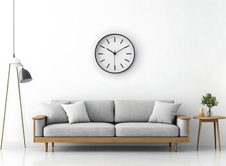 Fototapete - Minimalist Scandinavian living room with a neutral-colored gray sofa, wooden furniture, and clean decor lines. Personal accessories like a stylish floor lamp, a 