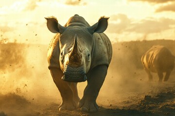 Poster - Close up of a rhino in a barren savanna at sunset with dust swirling around. Generative AI