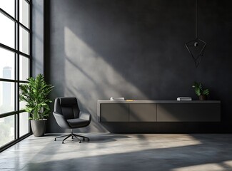 Fototapete - Minimalist workspace in a dark gray room with a textured concrete floor, an ergonomic armchair, and a floating sideboard under a large window. A geometric wall lamp enhances the modern aesthetic.