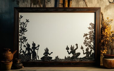 Canvas Print - Blank white poster framed in dark oak, set against an image of traditional Thai shadow puppets, depicting a story from the Ramakien with delicate puppet silhouettes in action 