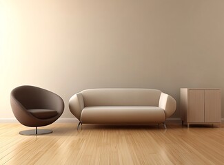Fototapete - Minimalistic living room in beige and brown hues, arranged with a sofa, an armchair, and a simple 