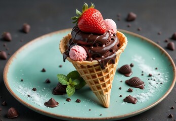 Poster - strawberry ice cream in a waffle cone with berries and chocolate