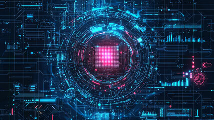 Poster - A vibrant, digital abstract image featuring a central glowing pink element surrounded by intricate blue circuitry and data patterns, conveying a high-tech aesthetic.