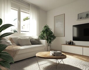 Fototapete - Minimalistic living room with a Scandinavian design, featuring a comfortable sofa, a green plant, and a white wall background. The decor is cozy, with simple 