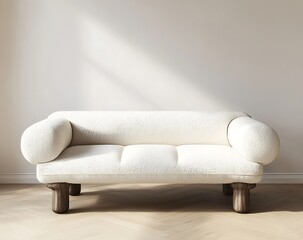 Fototapete - Minimalistic white sofa in a clean interior setting with wooden flooring and a white wall, creating a mockup background, rendered in 3D with space for text and a balanced 2/3 layout.