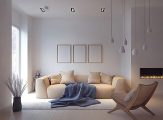 Fototapete - Modern and bright living room with a beige sofa and blue blanket, wooden armchair, and decorative posters on the white wall. Hanging lamps provide soft 