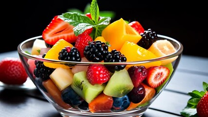 Wall Mural - Colorful fruit salad video showcasing fresh summer fruits in a glass bowl, highlighting vibrant, healthy, and refreshing dessert ideas perfect for food enthusiasts.