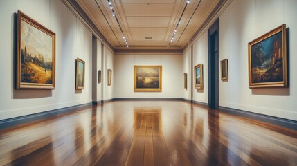 Poster - Luxurious art gallery showcasing classical paintings with polished wood floors in a serene atmosphere during daytime. Generative AI
