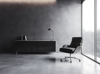 Fototapete - Modern gray-toned room showcasing a concrete floor, a refined armchair, and a minimalistic sideboard by a large glass window. A wall-mounted lamp subtly illuminates the space, 