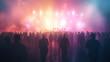 © Prasanth - Silhouettes of concert crowd in front of bright stage lights on a music festival. Fog created by a fog machine. Illustration for cover, card, postcard, interior design, decor, packaging or banner.