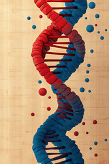 Poster - 3D representation of a DNA double helix with red and blue elements on a wooden background.