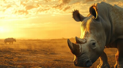 Aufkleber - Close up of a rhino standing peacefully in a barren savanna during a golden sunset, highlighting the beauty of wildlife. Generative AI