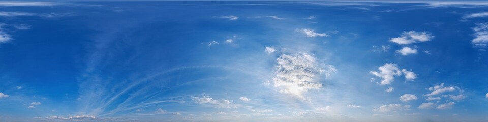 Wall Mural - blue sky hdri 360 panorama with white clouds with zenith for use in 3d graphics as sky dome or edit 