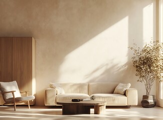 Fototapete - Modern interior design of a living room featuring a beige sofa, armchair, and a coffee table near a wooden cabinet against a neutral-colored wall, with a 