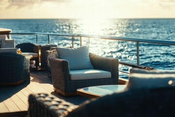 Poster - Luxury yacht deck features elegant furniture overlooking the ocean during sunset. Generative AI