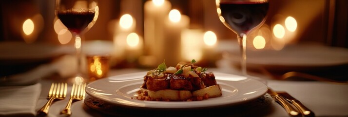 Poster - Luxurious dining table set for a gourmet meal with elegant candlelight ambiance in a fine dining setting. Generative AI