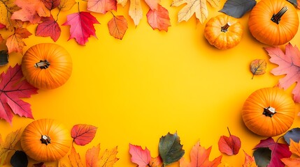 Canvas Print - Autumn background with pumpkins and leaves.