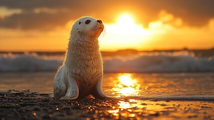 Wall Mural - White seal pup sitting on beach at sunset, looking up.