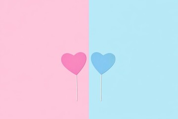 Wall Mural - Minimalistic love wallpaper with pink and blue background featuring two hearts in  free space for text 