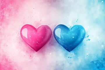 Wall Mural - Minimalistic love wallpaper with pink and blue background featuring two hearts in  free space for text 