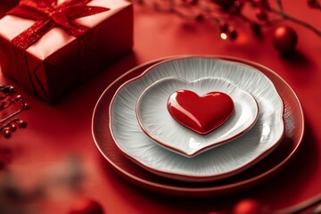 Wall Mural - Heart shaped plates, festive table setting with gift box on red background 