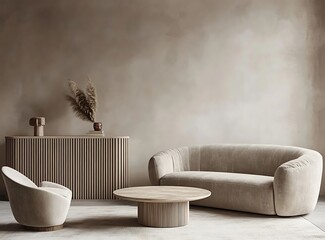 Fototapete - Modern interior design of a living room featuring a beige sofa, armchair, and a coffee table near a wooden cabinet against a neutral-colored wall, with a large empty space for text, 