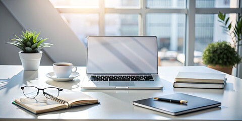 Poster - A bright modern workspace showcases a sleek laptop, a cup of coffee, notebooks, and a small plant. Sunlight streams in through the large windows, creating a productive atmosphere