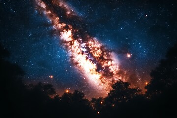 Majestic Milky Way galaxy arching over a dark forest at night.
