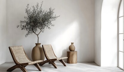Fototapete - Modern interior setting featuring clean white walls, woven wooden armchairs, an olive tree centerpiece in a neutral vase, a sleek arched window, and a subtle side table on the right