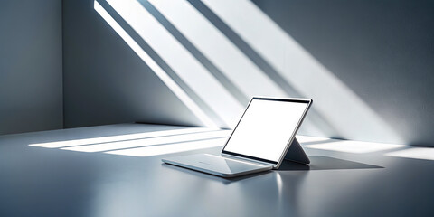 Poster - A sleek laptop stands on a simple desk in a well-lit workspace, illuminated by soft afternoon sunlight creating striking patterns on the surface. The atmosphere is calm and inviting