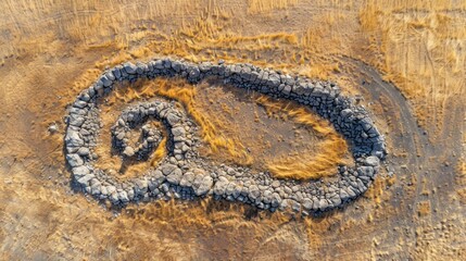 Aerial View of Ancient Stone Structure in a Dry Field