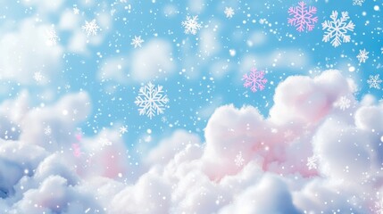 Wall Mural - Winter blue and pink background with clouds and snowflakes, illustration