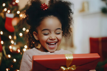 Wall Mural - Child opening a Christmas gift with joy in a festive background