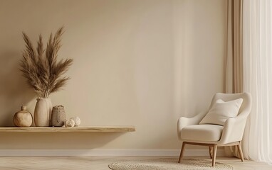 Fototapete - Modern living room design with a light beige wall featuring a slim wooden shelf, a chic armchair upholstered in soft fabric, and a combination of earthy and metallic decorative elements
