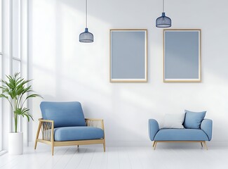Fototapete - Modern living room interior with a blue armchair and sofa, both with wooden frames. The walls are adorned with blue posters, and minimalist hanging lamps provide lighting in the white space.