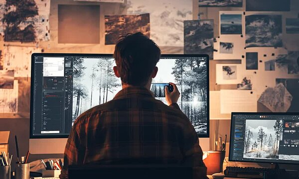 a person edits photos in a cozy workspace filled with nature images and creative tools.