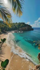 Wall Mural - Breathtaking beach scene with golden sands, palm leaves, clear waters, and a radiant sunset horizon