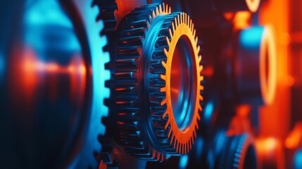 Poster - Close-Up of Colorful Gears and Cogs in a Mechanical Setting with Blue and Orange Lighting, Highlighting Industrial Design and Engineering Aesthetics