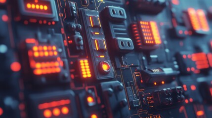 Leinwandbilder - Close-Up View of an Abstract Circuit Board with Glowing Red LEDs and Intricate Patterns in a Dark Futuristic Design for Technology and Innovation Themes