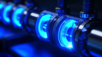 Poster - Close-Up View of Futuristic Mechanical Component Featuring Glowing Blue Lights, Displaying Precision Engineering and Industrial Design in a Dark Environment