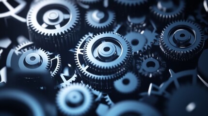 Poster - Close-up View of Interconnected Metal Gears in a Complex Mechanical System Representing Precision Engineering and Machinery Design Concepts