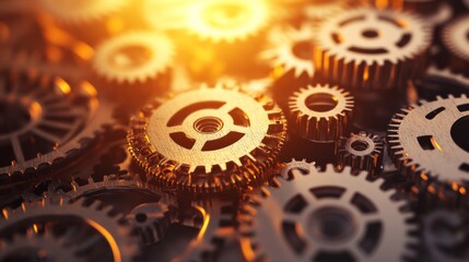 Poster - Close-Up View of Interlocking Metal Gears with Warm Light Glimmering from the Background, Symbolizing Machinery, Industry, and Mechanical Engineering Concepts