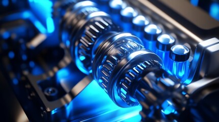 Poster - Close-Up View of Intricate Mechanical Gears and Components with Blue Lighting, Showcasing the Precision and Complexity of Modern Machinery and Engineering Design